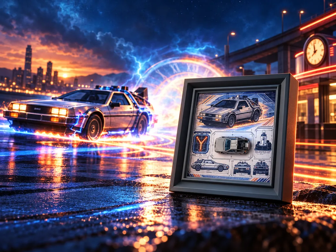 DeLorean con estelas de luz junto a un cuadro de la colección Retro Futures
